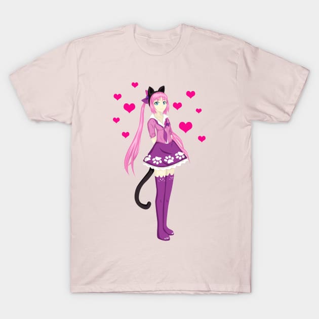 Pink Cat Girl T-Shirt by SakuraDragon